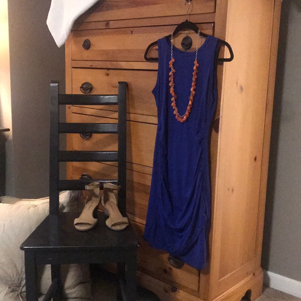 Blue Cotton Dress with Ruched Sides